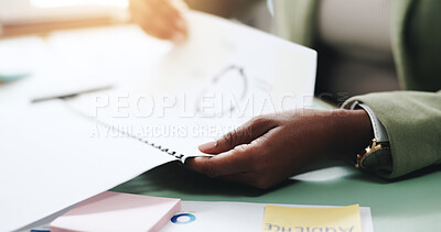 Hands, business person and document with proposal, graphs and profit growth or sales analytics. Closeup, woman or financial advisor with strategy, paperwork and notes for charts or company revenue