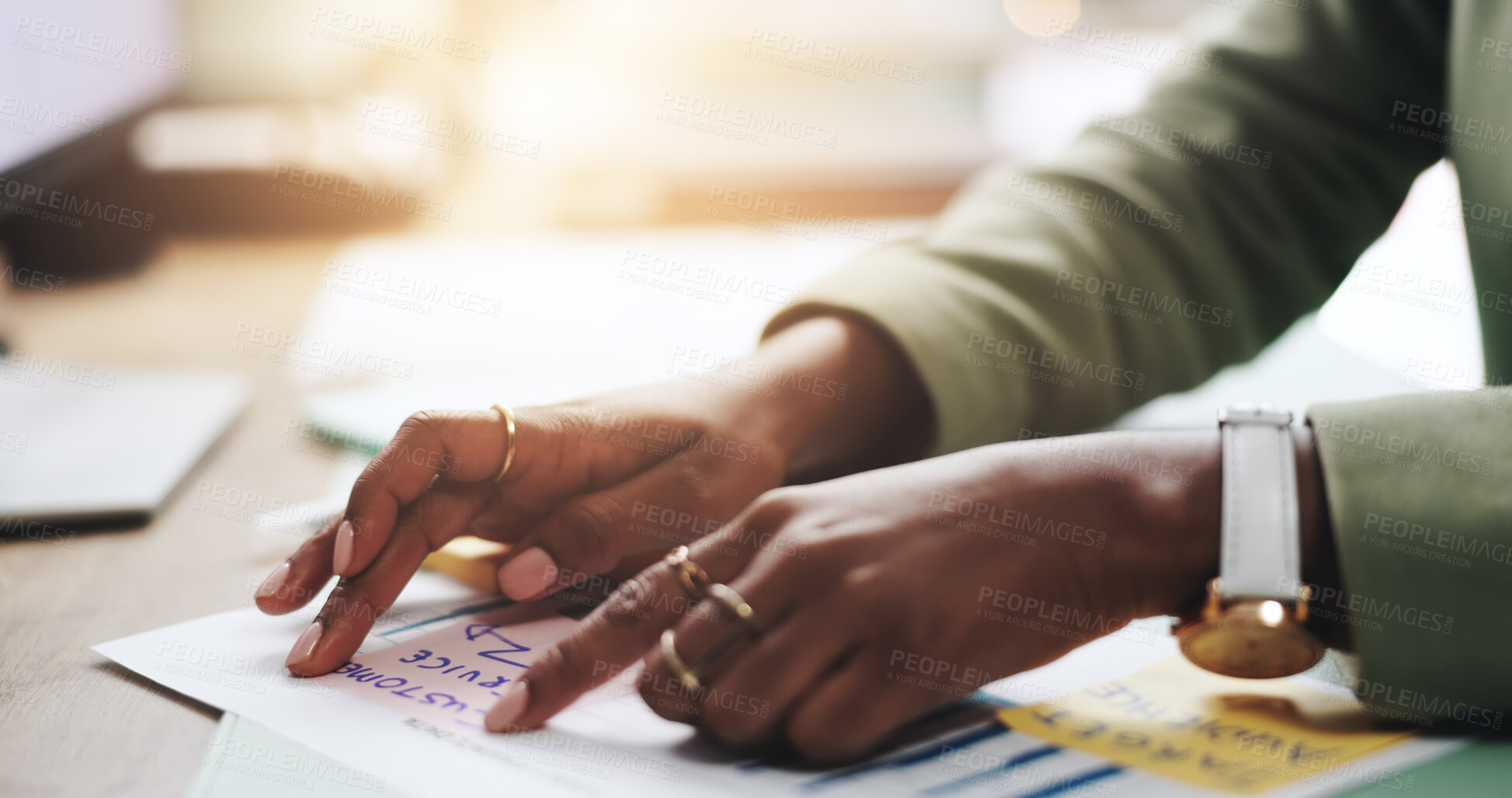Buy stock photo Hands, business woman and sticky note with strategy, graphs and profit growth or sales analytics. Closeup, person or financial advisor with proposal, paperwork and ideas for charts or company revenue