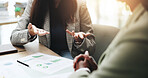Hands, business people and discussion with feedback, graphs and profit growth or sales analytics. Closeup, teamwork and financial advisor with proposal, advice or ideas for charts or company revenue