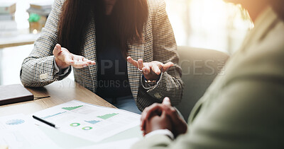 Buy stock photo Hands, business people and discussion with feedback, graphs and profit growth or sales analytics. Closeup, teamwork and financial advisor with proposal, advice or ideas for charts or company revenue