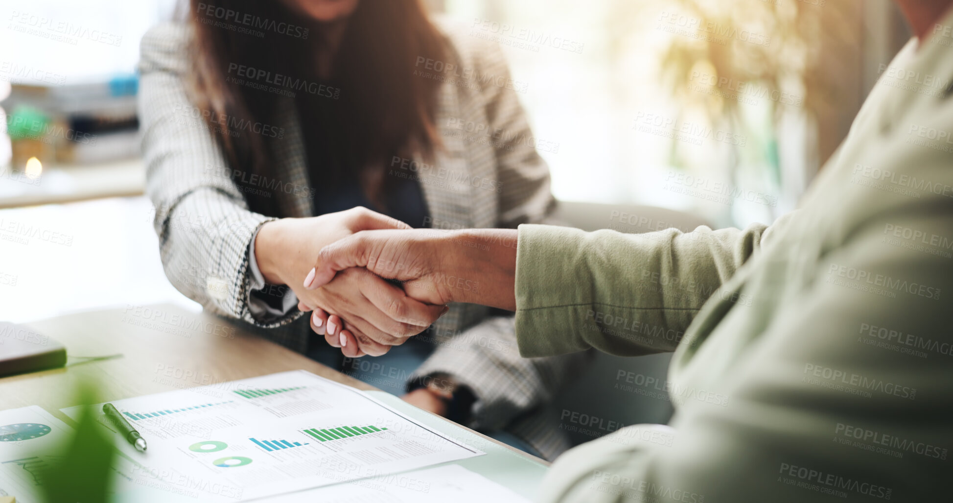 Buy stock photo Hands, business people and handshake with deal, graphs and profit growth or sales analytics. Closeup, thank you and financial advisor with agreement, B2B welcome or CRM with charts or company revenue