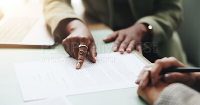 Buy stock photo Business people, hands and pointing on contract for legal documents, application and agreement in office. Pen, closeup and person explain paperwork for policy, form or deal in workplace or company