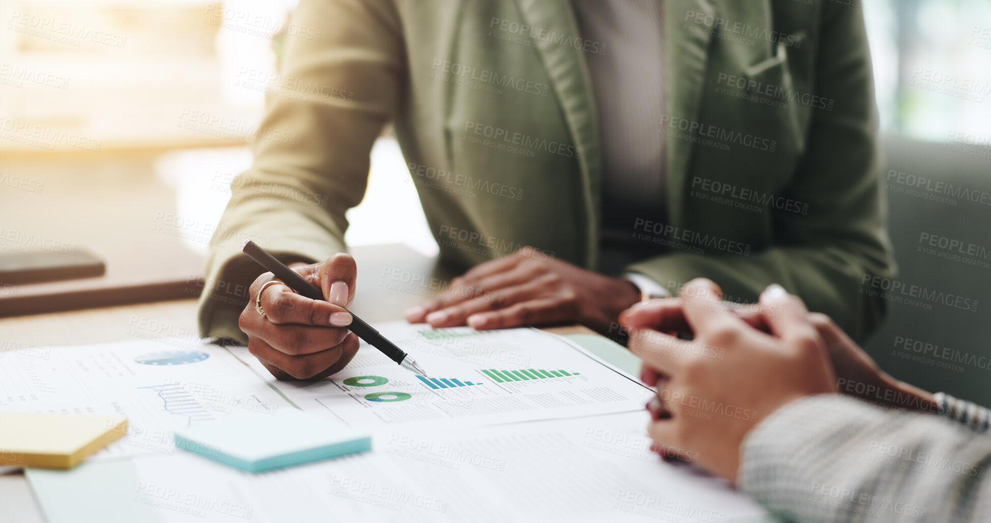 Buy stock photo Hands, business people and advice with discussion, graphs and profit growth or sales analytics. Closeup, teamwork and financial advisor with proposal, feedback or ideas for charts or company revenue