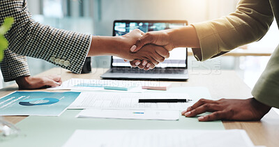 Buy stock photo Hands, business people and handshake with deal, meeting and profit growth or sales analytics. Closeup, thank you and financial advisor for agreement, partnership or CRM for company revenue charts