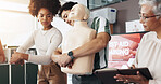 First aid, people and choking dummy with demonstration of abdominal thrusts, life saving technique and practice. Business, instructor and training for emergency rescue, workplace safety or simulation