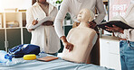 Person, hands or mannequin with first aid training for healthcare assistance or medical demonstration. Closeup, teacher or emergency service with choke hazard or dummy for rescue technique or safety