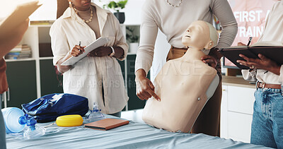 Buy stock photo Person, hands or mannequin with first aid demonstration for healthcare or paramedic training. Closeup, teacher or emergency service with choke hazard, dummy or rescue technique for health and safety