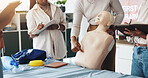 Person, hands or mannequin with first aid demonstration for healthcare or paramedic training. Closeup, teacher or emergency service with choke hazard, dummy or rescue technique for health and safety