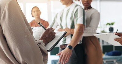Buy stock photo People, writing and first aid with demonstration for learning, paramedic course or training. Employees, teacher and choke hazard with presentation for rescue tips, health and safety at workplace
