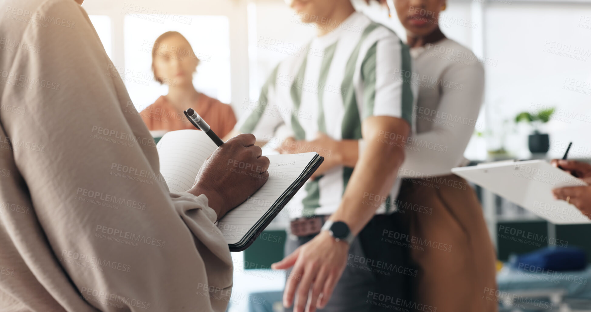 Buy stock photo People, writing and first aid with demonstration for learning, paramedic course or training. Employees, teacher and choke hazard with presentation for rescue tips, health and safety at workplace