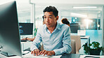 Coding, man and typing on computer in office for app development, software maintenance and testing website. Professional, employee and technology for database troubleshooting, programming and update