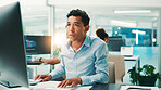 Programmer, man and reading computer in office for software development, typing code or app testing. Programming, employee and technology for database troubleshooting, system maintenance or debugging