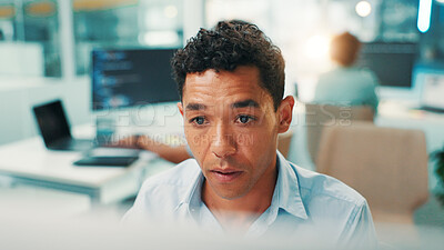 Buy stock photo Coding, reading and man on computer in office for problem solving, web development and insight. Idea, serious programmer and project for software update, creative inspiration and planning algorithm