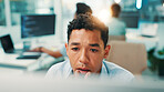 Programmer, thinking and man on computer in office for problem solving, development or insight for code. Idea, serious developer and software project for creative inspiration, reading or planning