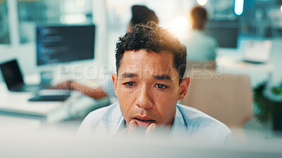 Buy stock photo Programmer, thinking and man on computer in office for problem solving, development or insight for code. Idea, serious developer and software project for creative inspiration, reading or planning