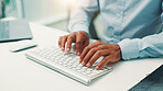 Programmer, research or hands of person with keyboard for writing code, app development and debugging. Computer, programming and typing with technology for software testing, system or online update