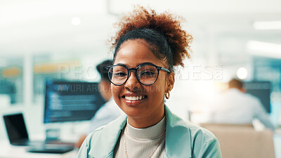 Buy stock photo Portrait, smile and programmer with business woman in office cyber security, network domain and code analyst. Server encryption, tech startup and software review with person in IT firm for VPN system