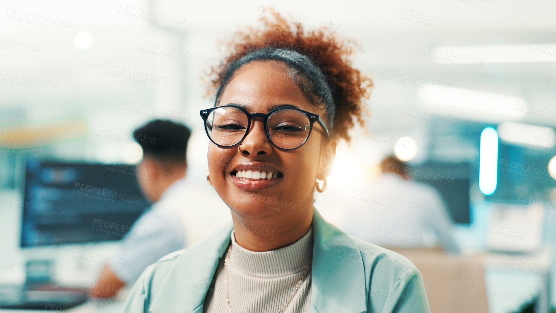 Buy stock photo Portrait, happy and programmer with business woman in office cyber security, network domain and code analyst. Server encryption, tech startup and software review with person in IT firm for VPN system