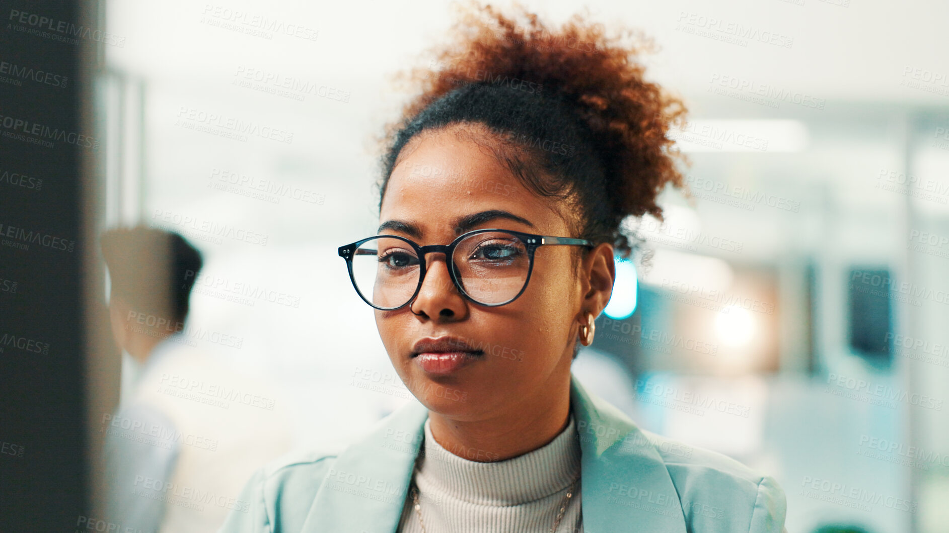 Buy stock photo Programmer, research or woman with glasses for reading code, app development and debugging PC. Review, programming computer and employee with technology for software testing, system or online update