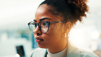 Buy stock photo Black woman, programmer and software developer with glasses for new app or development at office. Female person, coder or AI designer with vision for problem solving or troubleshooting at computer