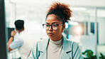 Programmer, research or woman with glasses in office for writing code, app development and debugging. Computer, programming and employee with technology for software testing, system or online update
