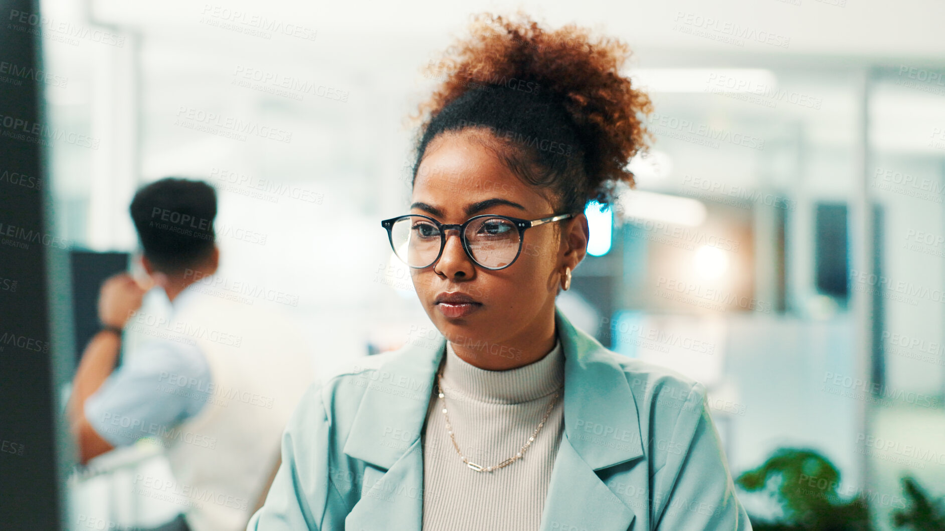 Buy stock photo Programmer, research or woman with glasses in office for writing code, app development and debugging. Computer, programming and employee with technology for software testing, system or online update