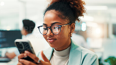 Buy stock photo Business, smartphone and woman in office, internet and glasses with reflection, accounting or stock market. Person, financial advisor or employee in workplace, digital app for economy news or eyewear