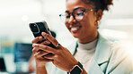 Business, cellphone and woman in office, internet and glasses with economy news, trading or stock market. Person, financial advisor or employee in workplace, digital app and eyewear with chatting