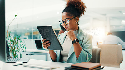 Buy stock photo Tablet, research and businesswoman in office for online report for finance budget planning. Digital technology, reading and female financial manager checking stock market for company investment.