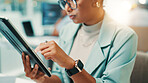 Tablet, research and hands of businesswoman in office for online report for finance budget planning. Digital technology, reading and female financial manager check stock market for company investment