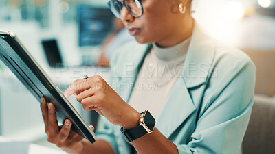 Buy stock photo Tablet, research and hands of businesswoman in office for online report for finance budget planning. Digital technology, reading and female financial manager check stock market for company investment