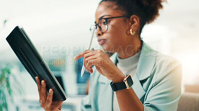 Buy stock photo Tablet, stylus and woman in office with notes for web development, update or reading software review. Network, coding and programmer on digital app with pen, thinking and UX design at tech agency