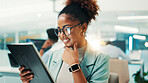 Coding, thinking and woman on tablet in office for problem solving, web development and insight. Idea, happy programmer and technology for software update, creative inspiration and planning algorithm