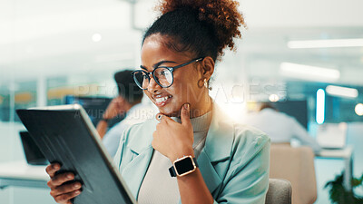 Coding, thinking and woman on tablet in office for problem solving, web development and insight. Idea, happy programmer and technology for software update, creative inspiration and planning algorithm