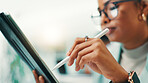 Tablet, stylus and hand of woman in office for web development, update or reading software review. Network, coding and programmer on digital app with pen, thinking and ux design at tech agency