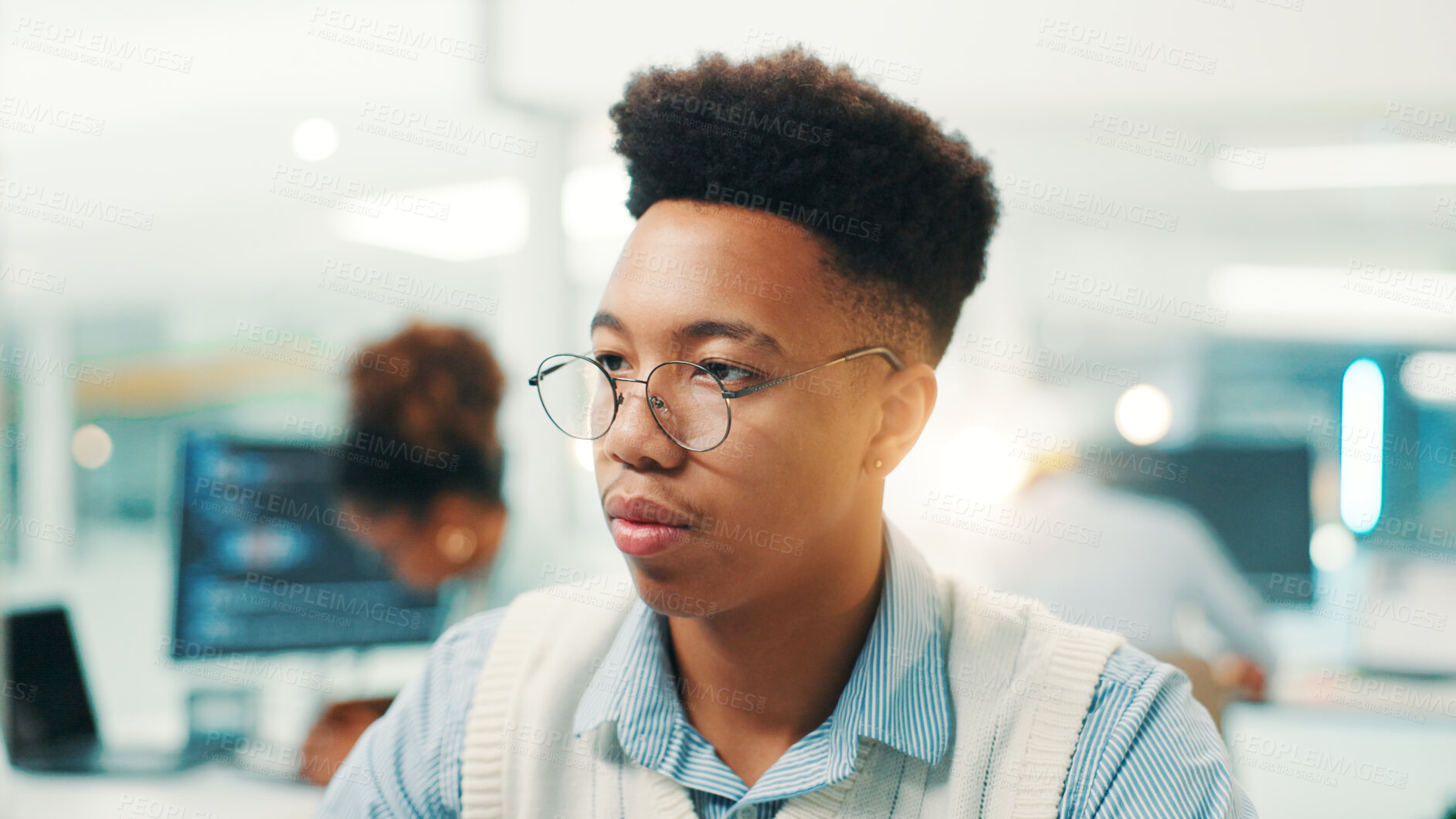 Buy stock photo Reading, glasses and programmer with business man in office cyber security, network domain and code analyst. Server encryption, tech startup and software review with person in IT firm for VPN system