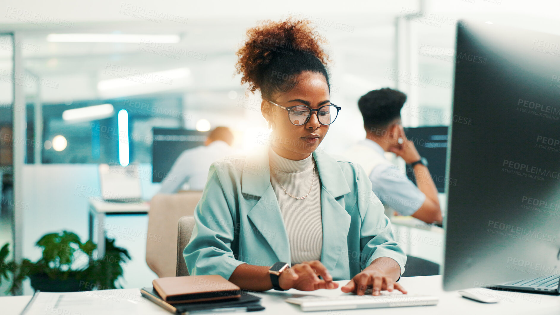 Buy stock photo Coding, woman and typing on computer in office for app development, software maintenance and testing website. Professional, employee and technology for database troubleshooting, programming or update