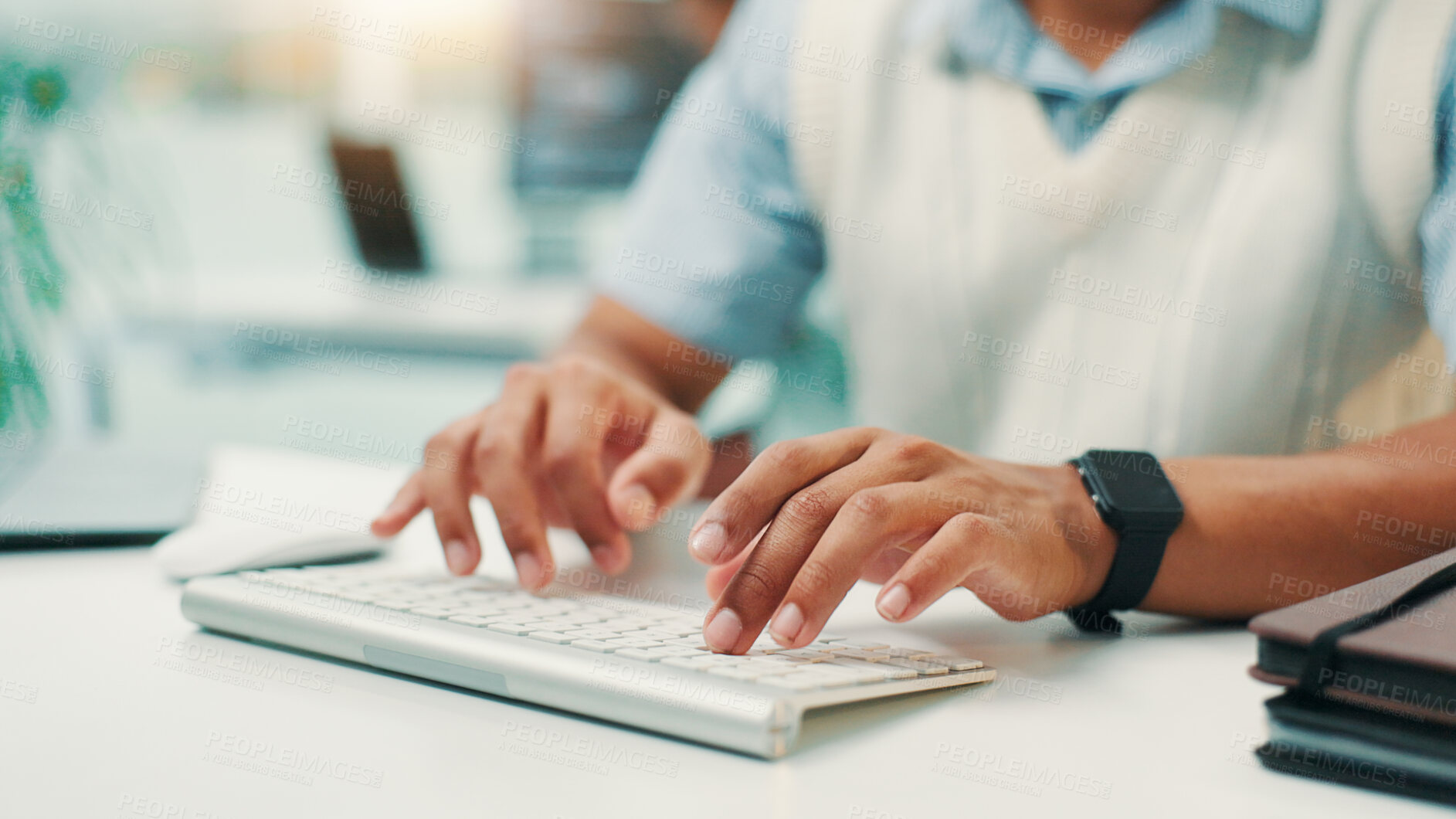 Buy stock photo Programmer, research and hands of man with keyboard for writing code, app development and debugging. Computer, programming and typing with technology for software testing, system or online update