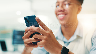 Buy stock photo Business, smartphone and man in office, internet and connection with trading, chatting or stock market. Person, financial advisor or employee in workplace, app for economy news or message to contact