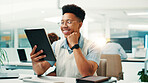 Programmer, research or man with smile or tablet for reading code, app development or debugging. Good news, programming or happy developer with review for software testing, system or online update