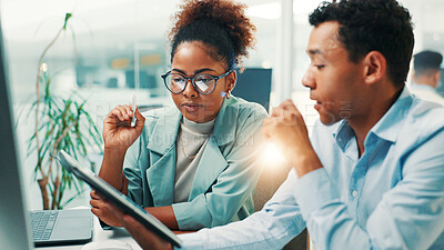 Buy stock photo Meeting, tablet and business people in office talking for strategy, planning and online proposal. Corporate workers, professional and man and woman on tech for project, collaboration and research