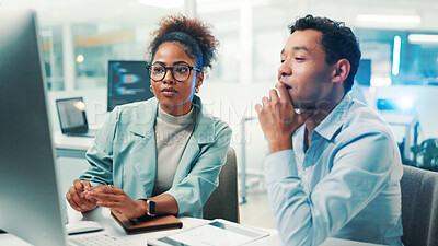 Buy stock photo Meeting, computer and business people in office talking for strategy, planning and online proposal. Corporate workers, professional and man and woman on pc for project, collaboration and feedback