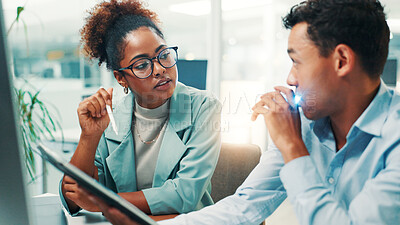 Buy stock photo Teamwork, tablet and planning with business people in office for gaming developer, programming render and research. Coding esports prototype, design engineer and backend script with employees for app