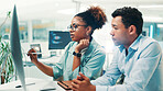 Meeting, discussion and people on computer in office for strategy, planning or software update. Information technology, meeting and man and woman on pc for project, collaboration or review web design