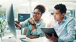 Computer, tablet and research with business people in office for gaming developer, programming render and team. Coding esports prototype, design engineer and backend script with employees for app