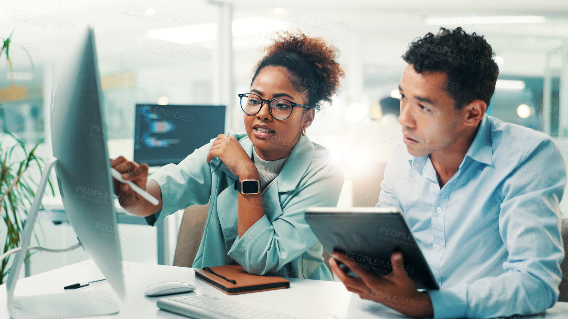 Buy stock photo Computer, tablet and research with business people in office for gaming developer, programming render and team. Coding esports prototype, design engineer and backend script with employees for app