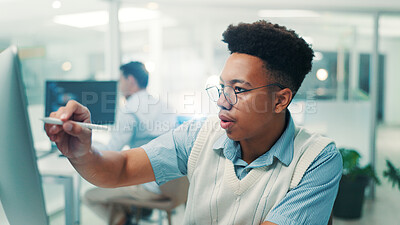 Buy stock photo Computer, stylus and man in office with software for web development, update or system upgrade. Network, coding and programmer with pen, planning and online research for ux design at digital agency