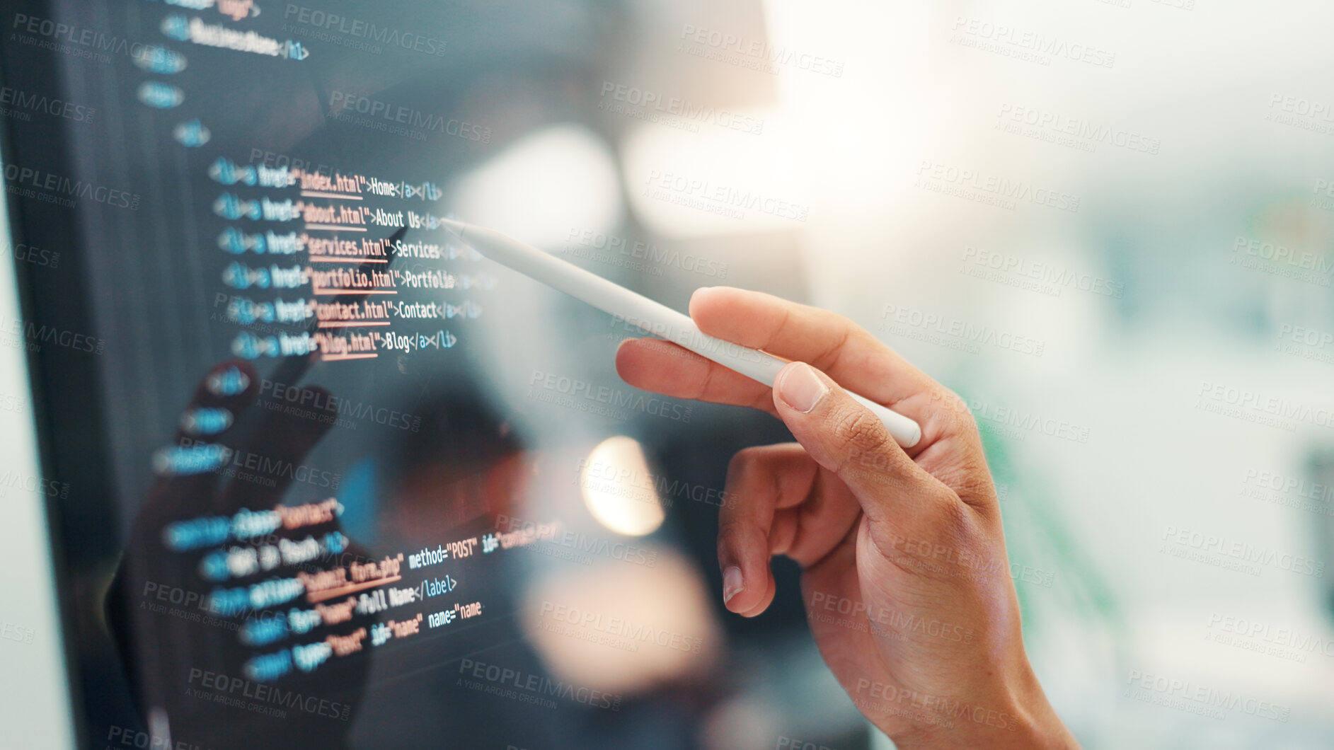 Buy stock photo Programmer, hands or person with screen for code, app development and debugging computer. Closeup, programming and employee with technology review for software testing, system data or online update