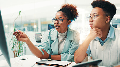 Buy stock photo Computer, planning and team with business people in office for gaming developer, programming update and research. Coding esports prototype, design engineer and backend script with employees for app