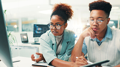 Buy stock photo Computer, tablet and teamwork with business people in office for gaming developer, programming render and research. Coding esports prototype, design engineer and backend script with employees for app